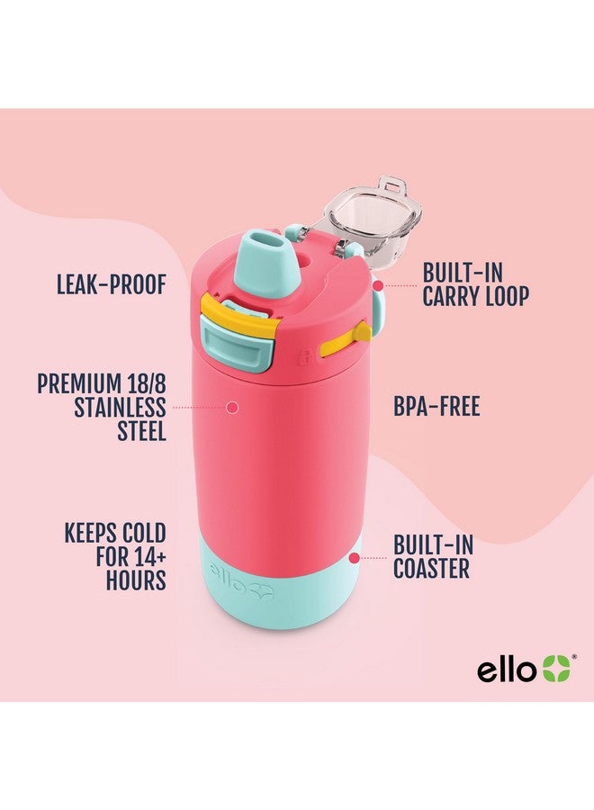 Ello Kids Colby 12oz Stainless Steel Insulated Water Bottle with Straw and Built-In Silicone Coaster Carrying Handle and Leak-Proof Locking Lid for School Backpack, Lunchbox, and Outdoor Sports, Coral - Image 2