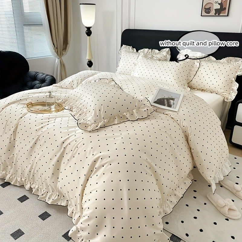 3pcss Black Polka Dot Print Bedding 3pcs Set Cream Duvet Cover And Lace Pillowcases - Image 4