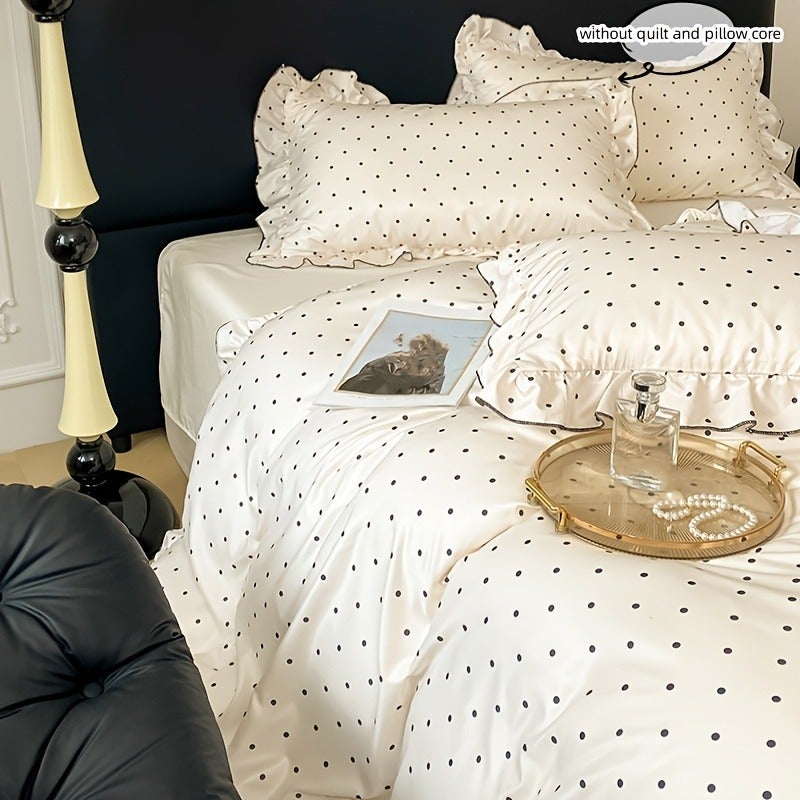 3pcss Black Polka Dot Print Bedding 3pcs Set Cream Duvet Cover And Lace Pillowcases - Image 2