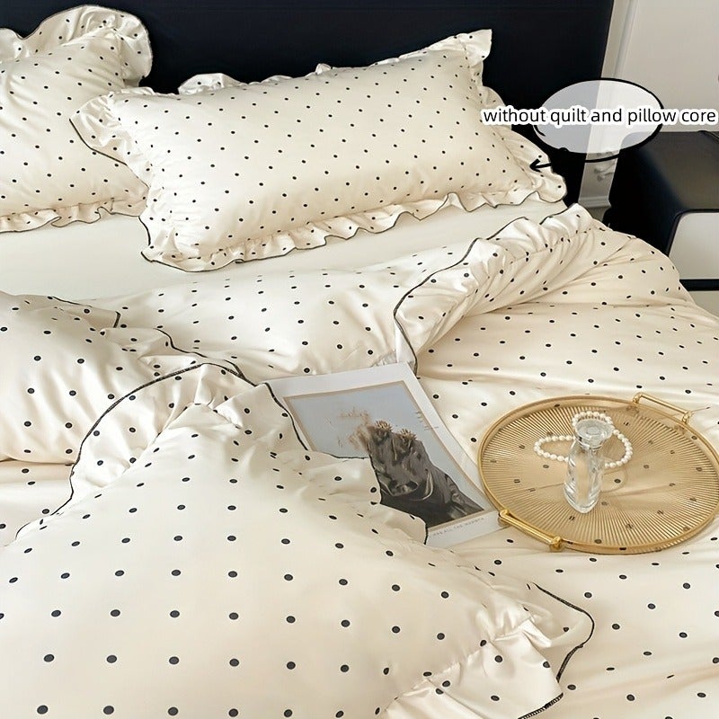 3pcss Black Polka Dot Print Bedding 3pcs Set Cream Duvet Cover And Lace Pillowcases - Image 3