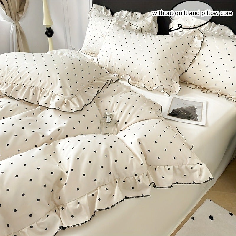 3pcss Black Polka Dot Print Bedding 3pcs Set Cream Duvet Cover And Lace Pillowcases - Image 5