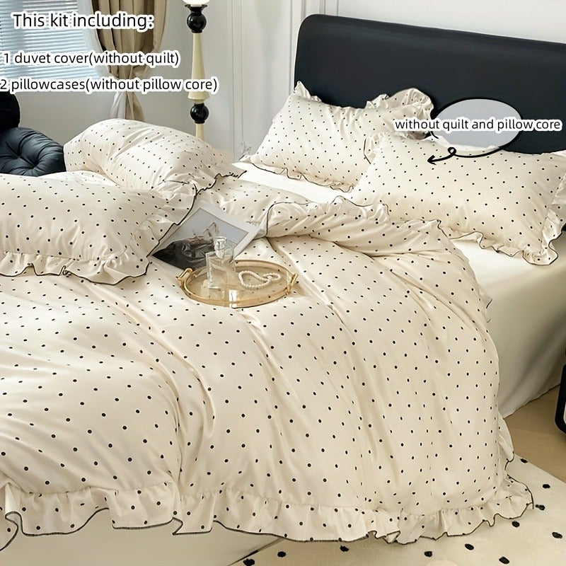 3pcss Black Polka Dot Print Bedding 3pcs Set Cream Duvet Cover And Lace Pillowcases - Image 1