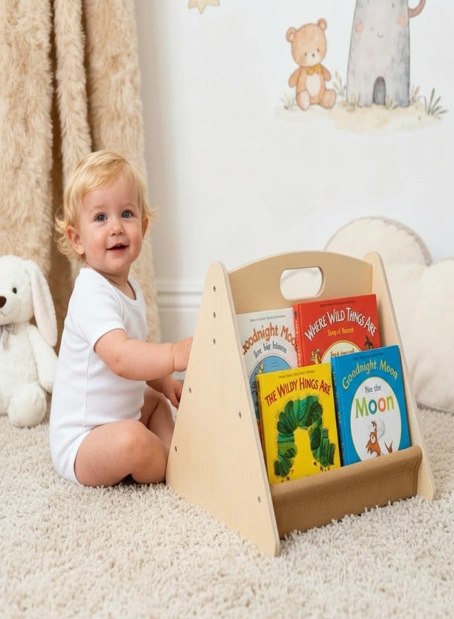 AZSKY Double Sided Toddler Book Shelf, Small Wooden Book Storage for Kids, Brown Mini Children Book Holder for Baby, Display Library Bookshelf for Girls Boys, Montessori Portable Bookcase for Nursery - Image 1