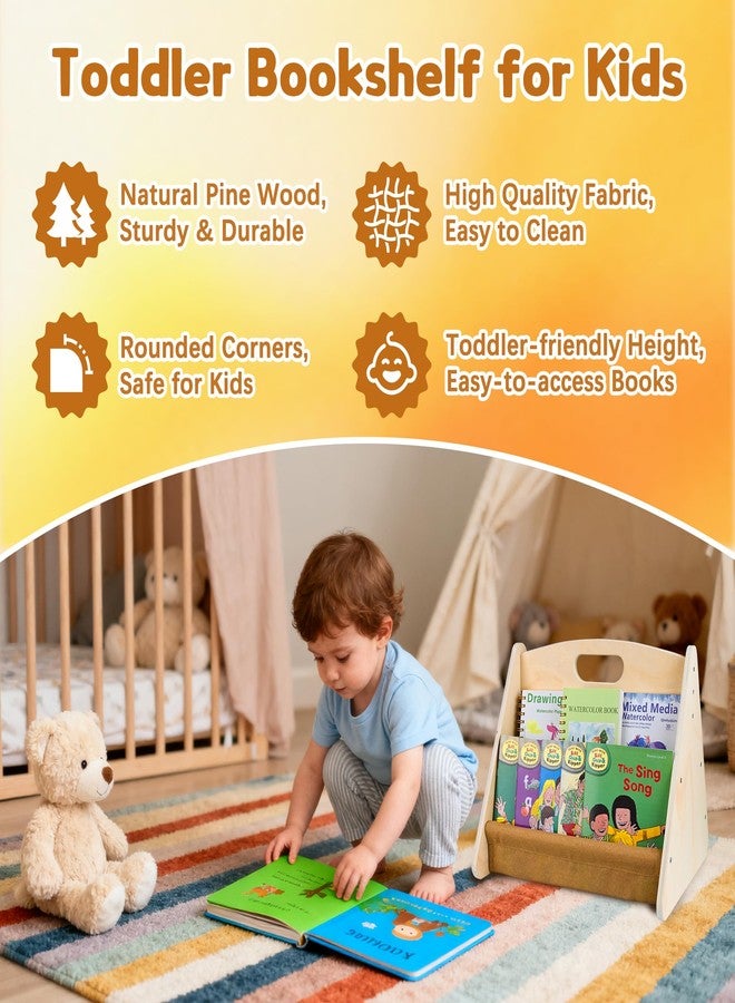 AZSKY Double Sided Toddler Book Shelf, Small Wooden Book Storage for Kids, Brown Mini Children Book Holder for Baby, Display Library Bookshelf for Girls Boys, Montessori Portable Bookcase for Nursery - Image 2