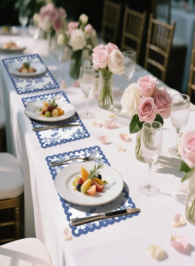 Stuffygreenus 120 Pcs Blue Floral Paper Placemats 14 Inch Disposable Chinoiserie Floral Paper Placemats Scalloped Flower Decorative Table Mats for Dinner Table Birthday Wedding Bridal Tea Party Decor - Image 5