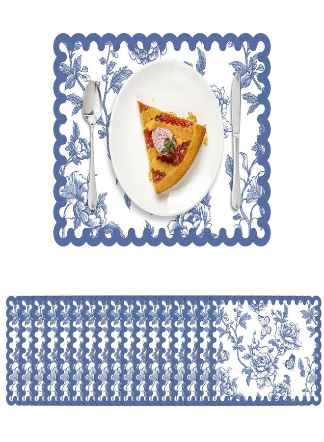 Stuffygreenus 120 Pcs Blue Floral Paper Placemats 14 Inch Disposable Chinoiserie Floral Paper Placemats Scalloped Flower Decorative Table Mats for Dinner Table Birthday Wedding Bridal Tea Party Decor - Image 1