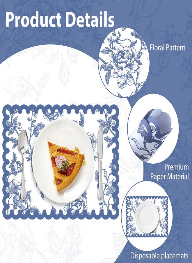 Stuffygreenus 120 Pcs Blue Floral Paper Placemats 14 Inch Disposable Chinoiserie Floral Paper Placemats Scalloped Flower Decorative Table Mats for Dinner Table Birthday Wedding Bridal Tea Party Decor - Image 3
