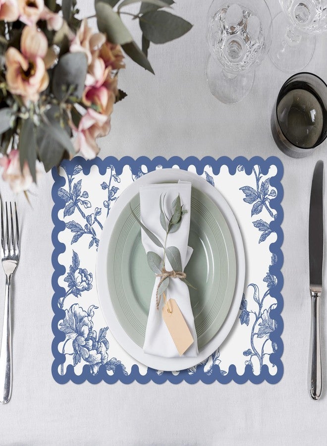 Stuffygreenus 120 Pcs Blue Floral Paper Placemats 14 Inch Disposable Chinoiserie Floral Paper Placemats Scalloped Flower Decorative Table Mats for Dinner Table Birthday Wedding Bridal Tea Party Decor - Image 4