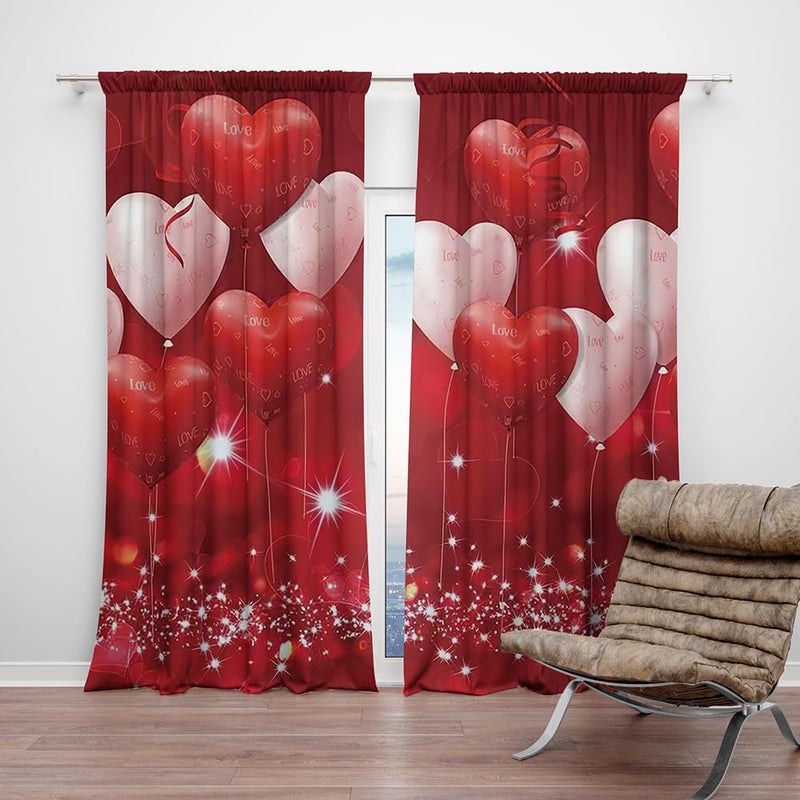 DOTOOMA 82 x 84 Inches Red Love Balloon Valentine's Day Window Curtain Glitter Sweet Art Printing Pattern Girls Room Bedroom Decoration Drapes 2 Panel Polyester - Image 4