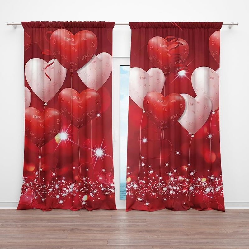 DOTOOMA 82 x 84 Inches Red Love Balloon Valentine's Day Window Curtain Glitter Sweet Art Printing Pattern Girls Room Bedroom Decoration Drapes 2 Panel Polyester - Image 1