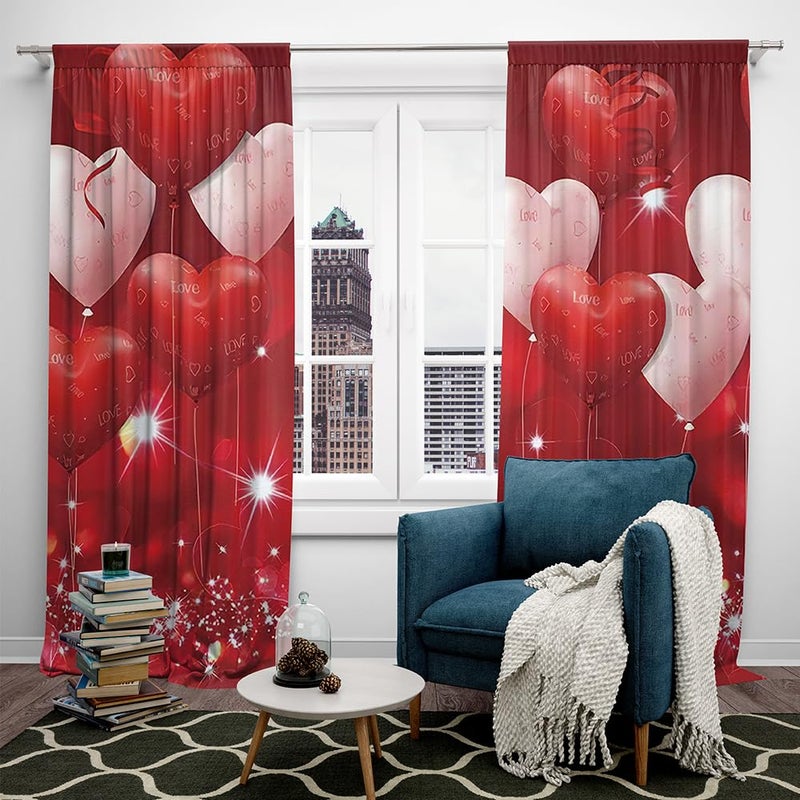 DOTOOMA 82 x 84 Inches Red Love Balloon Valentine's Day Window Curtain Glitter Sweet Art Printing Pattern Girls Room Bedroom Decoration Drapes 2 Panel Polyester - Image 3