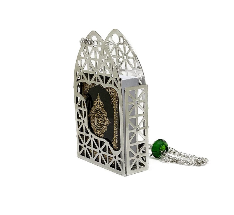 PinMaze Islam Car Rear Mirror Mini Hangers - Islamic Ornament Al-Quran Ramadan Eid Muslim Car Décor Hanging Charm Decor Interior Accessories (Silver - Black) - Image 2