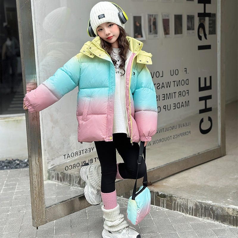 Gradient Rainbow Hooded Cotton-padded Jacket 2024 Girls Korean Style Winter Trendy Children Gradient Rainbow Hooded Cotton-padded Jacket Cotton coat 