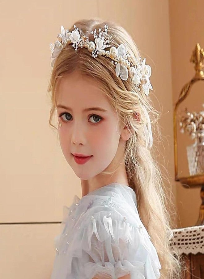 ACHARAJ Flower Girl Headpiece for First Communion Headpiece Princess Tiara Crown with Rhinestone and Pearl Headband Floral Wedding Prom for Girls and Women (1 pcs) - Image 5