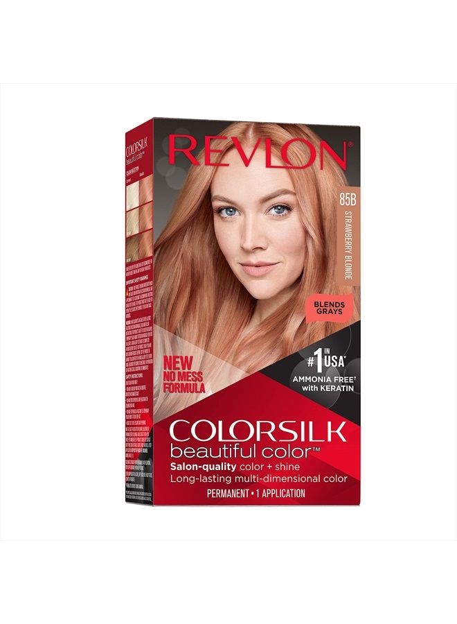 Revlon صبغة شعر دائمة من كولور سيلك، لون عالي الجودة يدوم طويلاً، لمعان ونعومة حريرية مع تغطية 100% للشعر الرمادي، خالية من الأمونيا، أشقر فراولة 85B، عبوة واحدة - Image 1