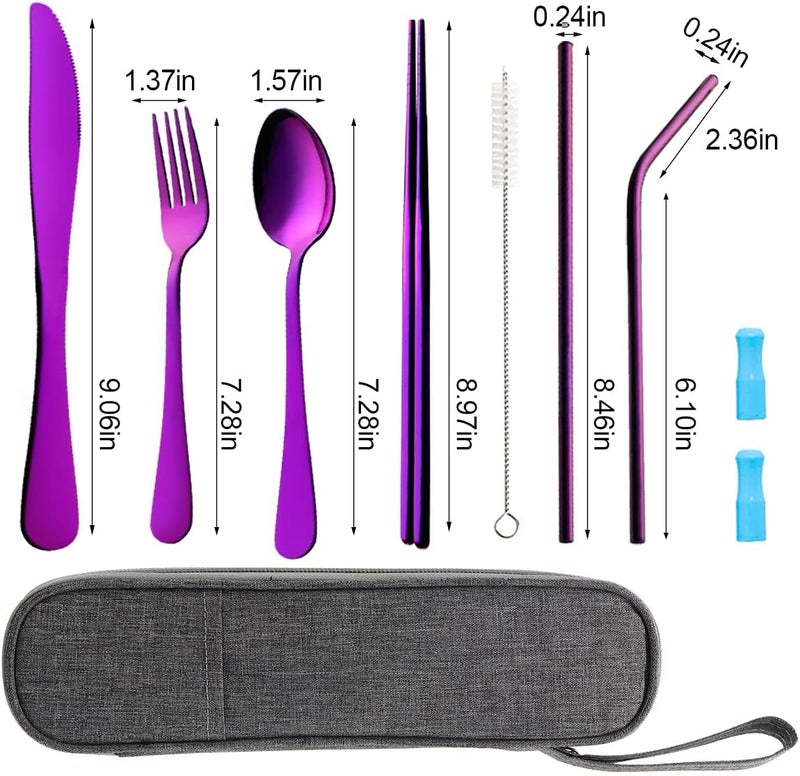 OASMU Travel Utensils Set with Case Reusable Portable Cutlery Set Stainless Steel 8pcs Including Dinner Knife Fork Spoon Chopsticks straws (Purple) - Image 3