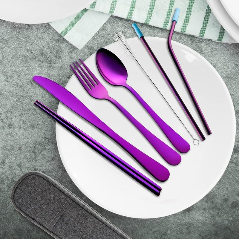 OASMU Travel Utensils Set with Case Reusable Portable Cutlery Set Stainless Steel 8pcs Including Dinner Knife Fork Spoon Chopsticks straws (Purple) - Image 2