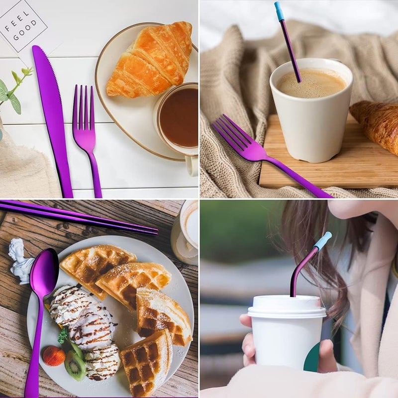 OASMU Travel Utensils Set with Case Reusable Portable Cutlery Set Stainless Steel 8pcs Including Dinner Knife Fork Spoon Chopsticks straws (Purple) - Image 4