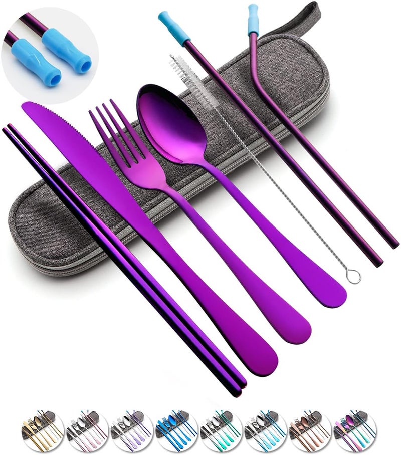 OASMU Travel Utensils Set with Case Reusable Portable Cutlery Set Stainless Steel 8pcs Including Dinner Knife Fork Spoon Chopsticks straws (Purple) - Image 1