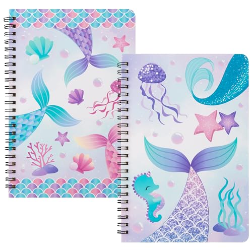 B1ykin A5 Spiral Notebooks - 2Pcs 50 sheets 100 Pages Cute Wire Bound Travel Journal Spiral Notebook, Writing Notepads Memo Diary Notes Study School Work for Kids School Classroom Office (Mermaid) - Image 1