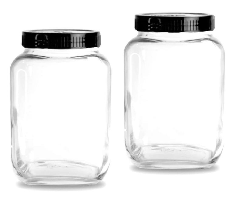 BrezzyCloud Glass Cubical Square Transparent Glass Jar with Lid & Containers for Kitchen Pantry, Snacks, Masala, Jams, Pickles, Cookies, Dry Fruits, Coffee Beans Storage with Black Lid, 2250 ml, Set of 2 - Image 1