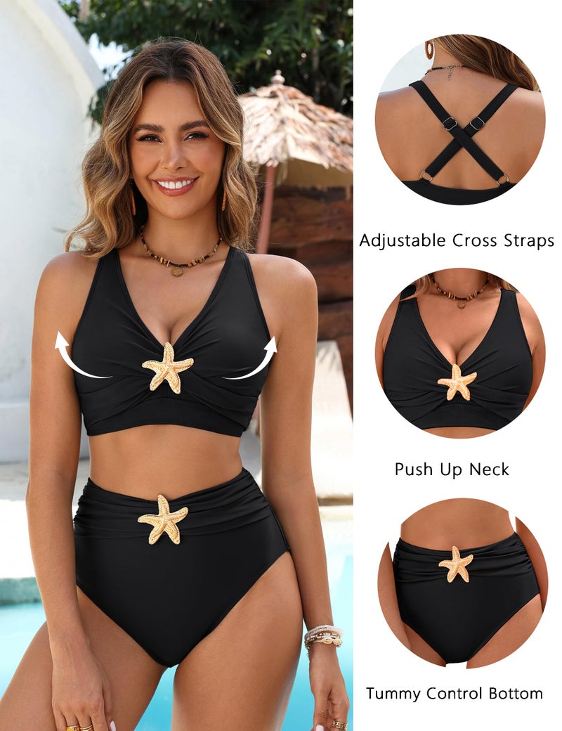 BMJL Bathing Suit for Women Tummy Control Black Swimsuits with Crisscross Back Golden Star Accent for Moms(L,Black) - Image 4