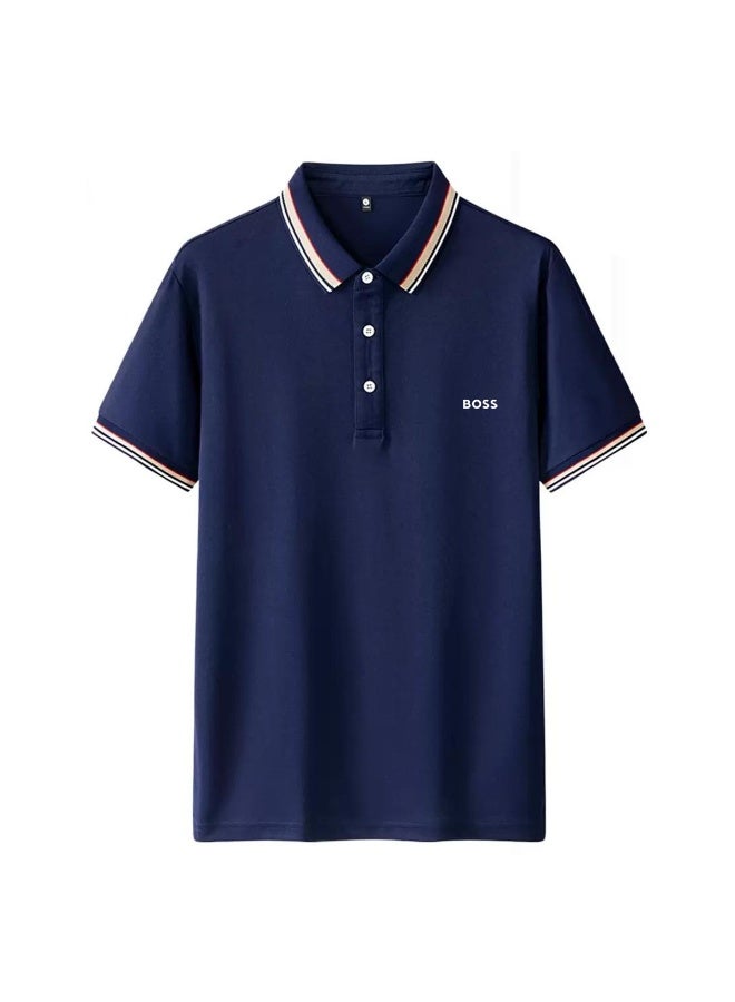 BOSS Men Short Sleeve Striped Collar Polo Shirt Business Semi Formal Outfit Top Navy Blue - Image 3