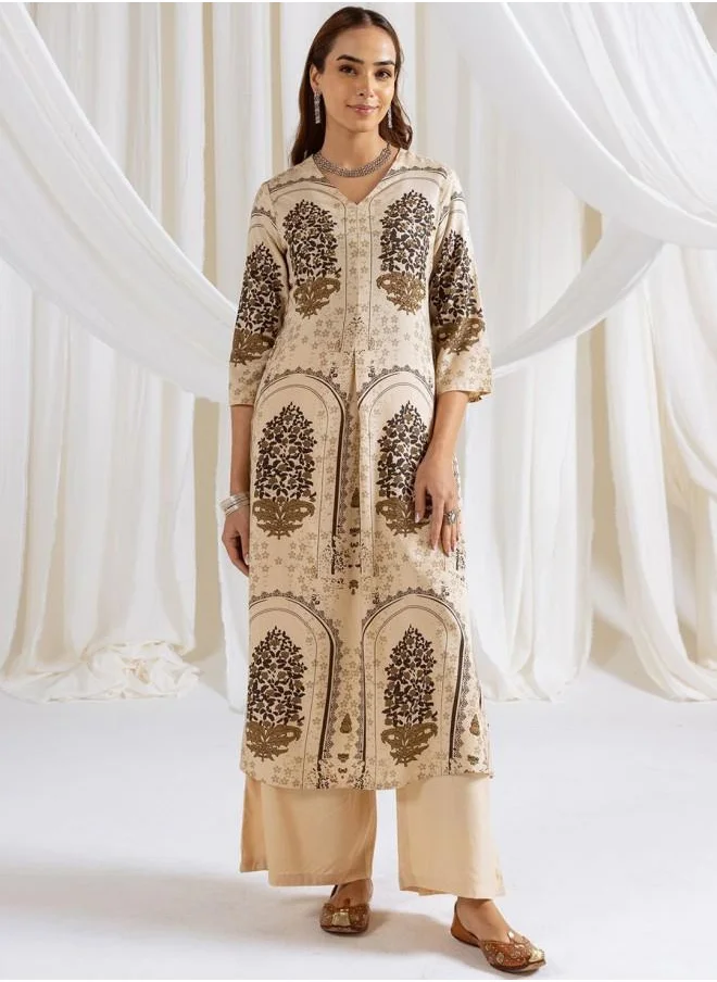 ISHIN Rayon Women Cream Rayon Kurta Set with Embroidered pattern Tunic and Palazzo features a Round neckline and Three-Fourth Sleeve secured with Elastic closure and styled in Straight Fit ideal for Festive moments — a must-have for your statement wardrobe.