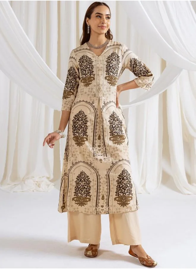 ISHIN Rayon Women Cream Rayon Kurta Set with Embroidered pattern Tunic and Palazzo features a Round neckline and Three-Fourth Sleeve secured with Elastic closure and styled in Straight Fit ideal for Festive moments — a must-have for your statement wardrobe.
