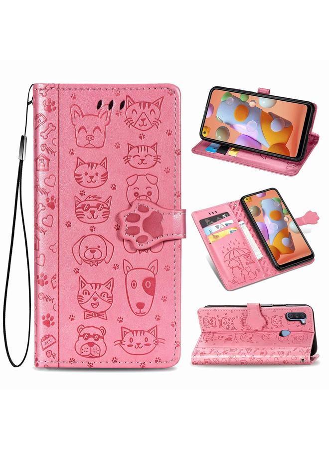 زبون جراب لهاتف Galaxy M11 من الجلد المنقوش بشكل قطة وكلب لطيف مع حامل / فتحة بطاقة / محفظة / حبل تعليق - Image 1