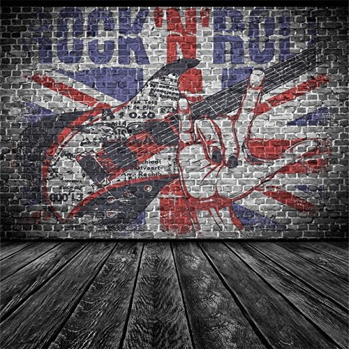 AOFOTO 10x10ft Rock Music Guitar Backdrop Vintage Graffiti Brick Wall Black Wooden Floor Rock and Roll Hip Hop Theme Birthday Decorations Photography Background Back to 70s 80s 90s Party Supplies - Image 1