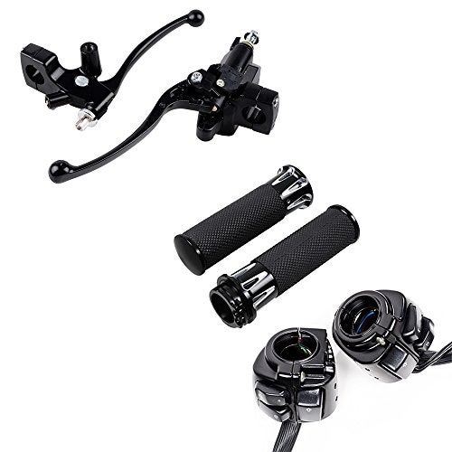 Anzio 1" CNC Handlebar Hand Grips + Control Switch + Clutch Lever w/Hydraulic Brake Master Cylinder Compatible with 96-12 Harley Softail Dyna Sportster V-Rod (CNC) - Image 1