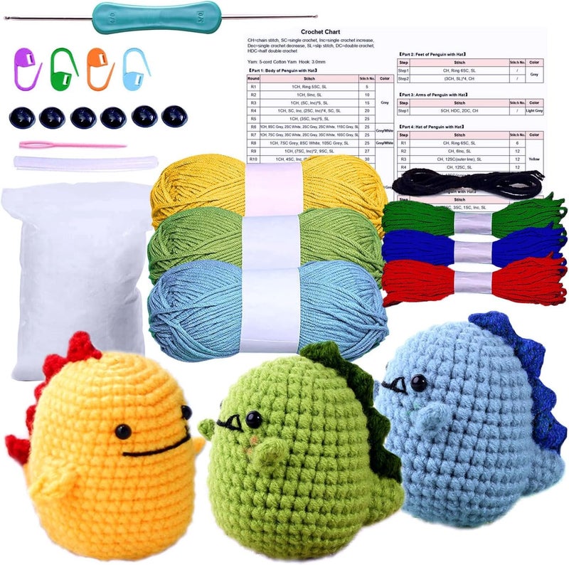 ArtBee Crochet Kits for Beginners Set of 3 Dinosaurs Knitting Kit Crochet Starter Kit for Beginners Adults with Yarn Hook Needle StepbyStep Video Tutorials - Image 2