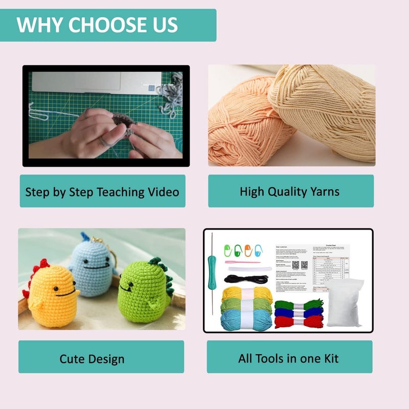 ArtBee Crochet Kits for Beginners Set of 3 Dinosaurs Knitting Kit Crochet Starter Kit for Beginners Adults with Yarn Hook Needle StepbyStep Video Tutorials - Image 4