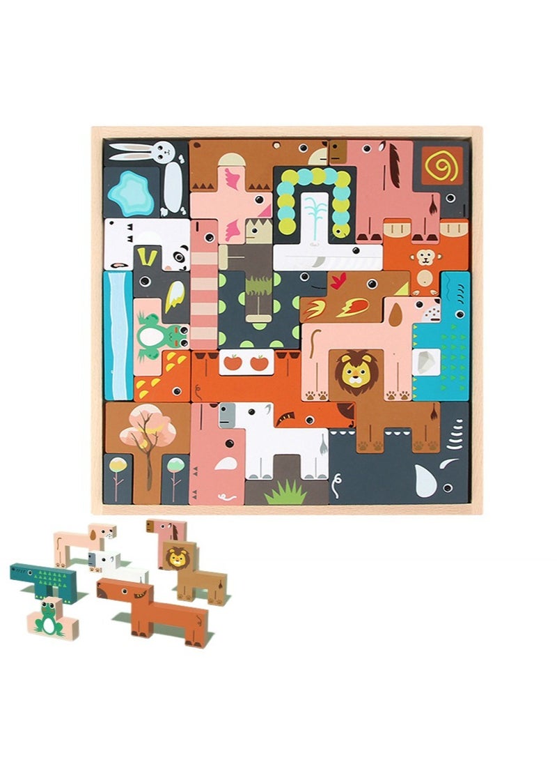 VUCATIN Montessori Wooden Puzzle Toy for Kids Block Puzzle Brain Teasers Toy Tangram Russian Block Game STEM Kids Educational Gift (Animals) - Image 1