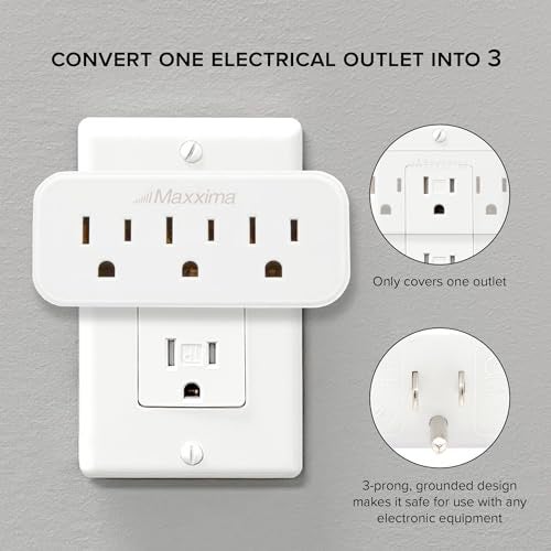 Maxxima 3 Grounded Multi Outlet Adapter Wall Plug - Outlet Extender Wall Tap, Turns 1 Outlet into 3, Indoor 3 Way Plug Splitter - White - 4 Pack - Image 5