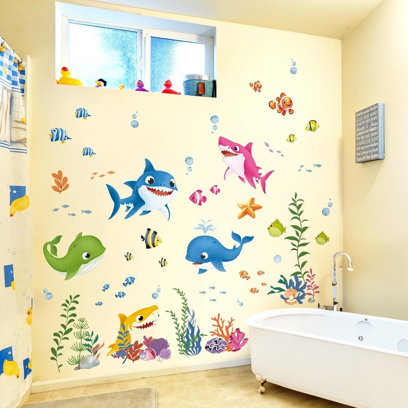 decalmile Under The Sea Fish Wall Decals Baby Shower Sharks Seaweed Ocean Wall Stickers Kids Bedroom Nursery Bathroom Wall Decor - Image 3