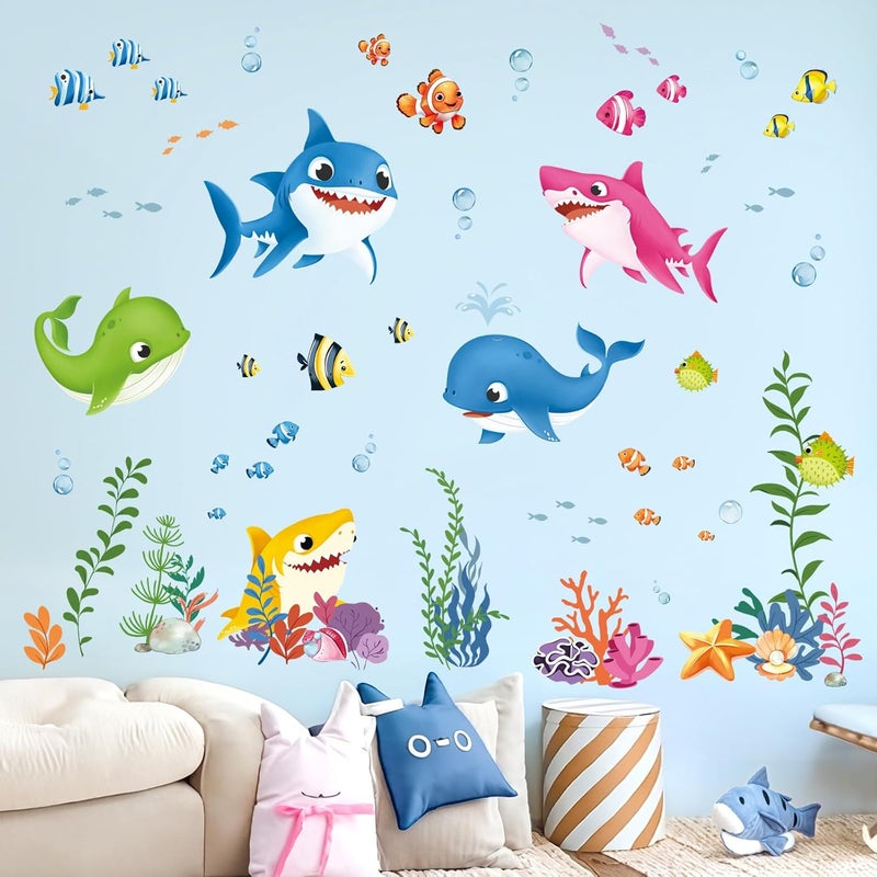 decalmile Under The Sea Fish Wall Decals Baby Shower Sharks Seaweed Ocean Wall Stickers Kids Bedroom Nursery Bathroom Wall Decor - Image 1
