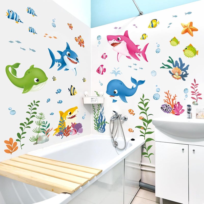 decalmile Under The Sea Fish Wall Decals Baby Shower Sharks Seaweed Ocean Wall Stickers Kids Bedroom Nursery Bathroom Wall Decor - Image 2