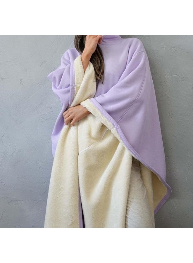 Thickened Flannel Warm Shawl Blanket, Oversized Long Sleeve Hoodie,Suitable forHome and Office Use, Unisex—Light Purple - Image 2