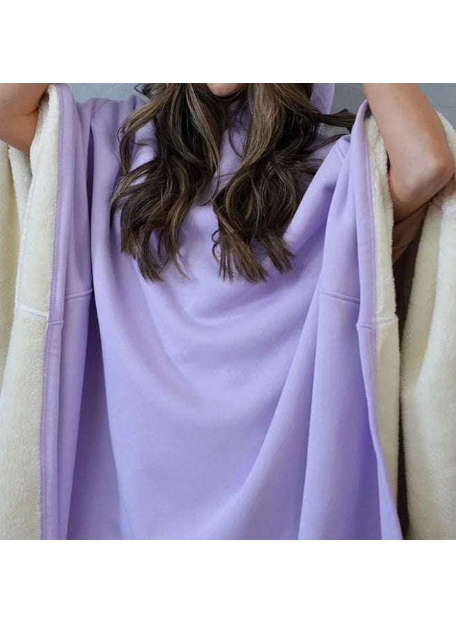 Thickened Flannel Warm Shawl Blanket, Oversized Long Sleeve Hoodie,Suitable forHome and Office Use, Unisex—Light Purple - Image 3