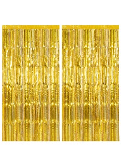 K.E.J. 2 Pack Foil Curtain Backdrop Gold Metallic Tinsel Foil Fringe Curtains Photo Booth Props for Birthday Wedding Engagement Baby Shower Bachelorette Christmas Holiday Celebration Party Decorations 