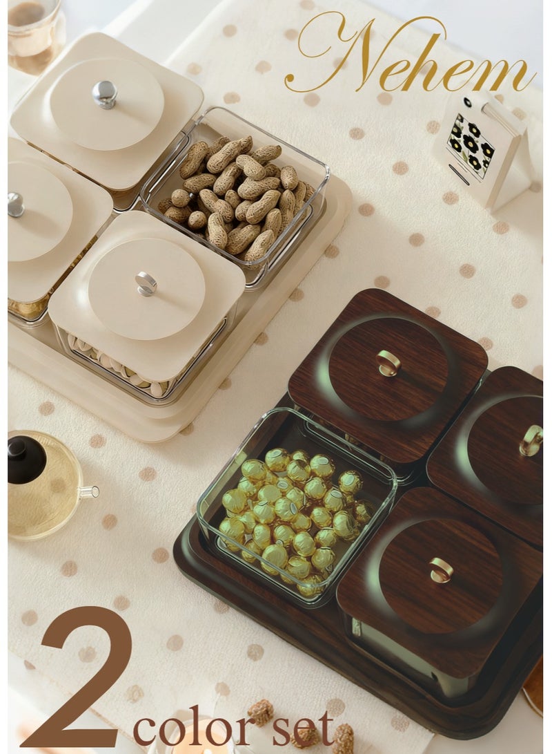 nehem Wood grain+Cream whtie fruit plate, dried fruit nut candy plate Candy Nuts Cookies Chips Party & Elegant Creamy White Serving Tray Set with 4 Lidded Nut Containers & Dessert Plates - Multi-Purpose Snack Organizer for Fruits, Nuts, Sweets | Ideal for Home Hospitality, Parties, Festive GiftsBundle - Image 1