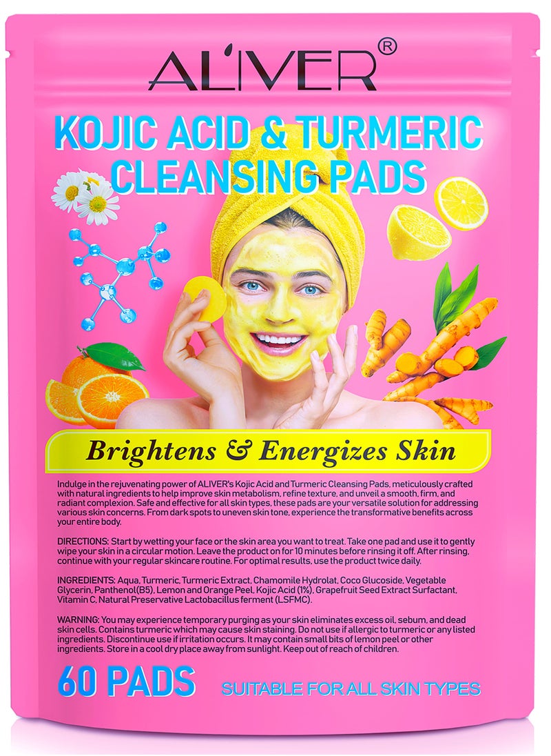 ALIVER - 60 Pcs Kojic Acid & Turmeric Cleansing Pads 60 PCS For Dark Spots Turmeric Kojic Acid Cleansing Pads Helps Balance Skin Oil and Water Fade Spot Remove Excess Keratin Clean Oil Refines Pores Turmeric Cleansing Pads - Image 1