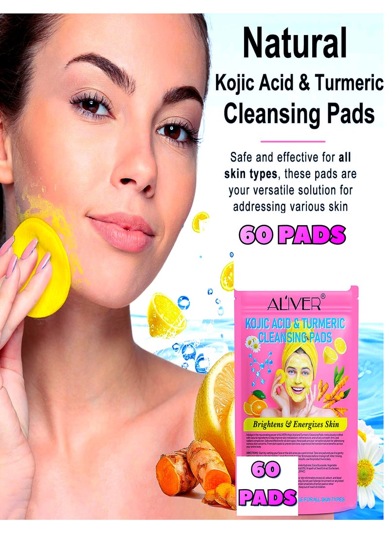 ALIVER - 60 Pcs Kojic Acid & Turmeric Cleansing Pads 60 PCS For Dark Spots Turmeric Kojic Acid Cleansing Pads Helps Balance Skin Oil and Water Fade Spot Remove Excess Keratin Clean Oil Refines Pores Turmeric Cleansing Pads - Image 1