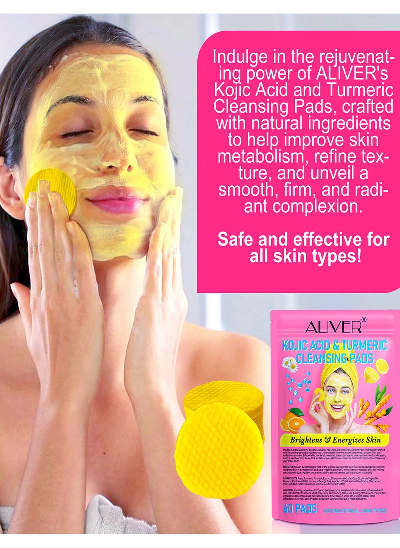 ALIVER - 60 Pcs Kojic Acid & Turmeric Cleansing Pads 60 PCS For Dark Spots Turmeric Kojic Acid Cleansing Pads Helps Balance Skin Oil and Water Fade Spot Remove Excess Keratin Clean Oil Refines Pores Turmeric Cleansing Pads - Image 1