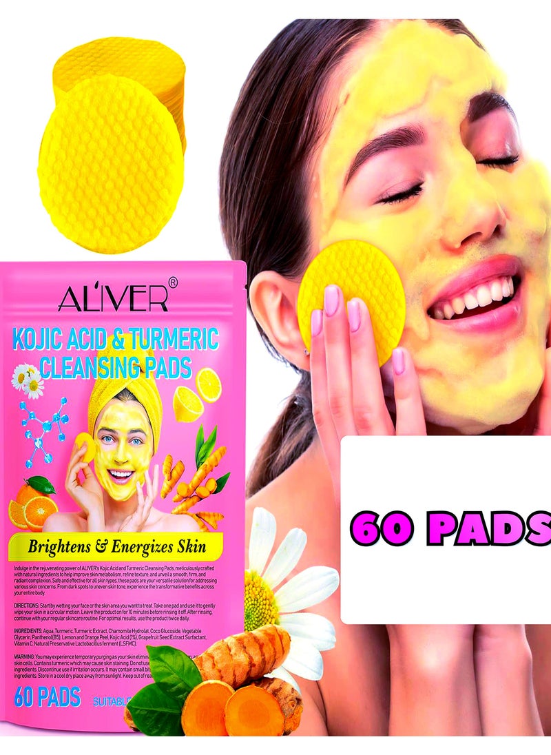 ALIVER - 60 Pcs Kojic Acid & Turmeric Cleansing Pads 60 PCS For Dark Spots Turmeric Kojic Acid Cleansing Pads Helps Balance Skin Oil and Water Fade Spot Remove Excess Keratin Clean Oil Refines Pores Turmeric Cleansing Pads - Image 1