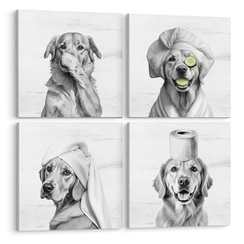 LUKIPOM Funny Golden Retriever Bathroom Wall Art Canvas Prints 8x8Inch Framed Set of 4, Funny Golden Retriever Dog Wall Wall Art Posters for Bathroom Washroom Restroom Decor - Image 1