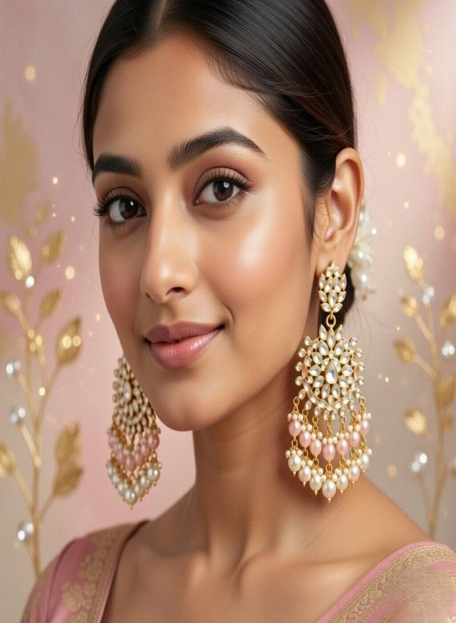 Efulgenz Kundan Earrings Indian Earrings for Women Faux Pearl Earrings Indian Style Indian Bollywood Crystal Kundan Rhinestone Wedding Bridal Chandelier Long Earrings Jewelry Set - Image 3
