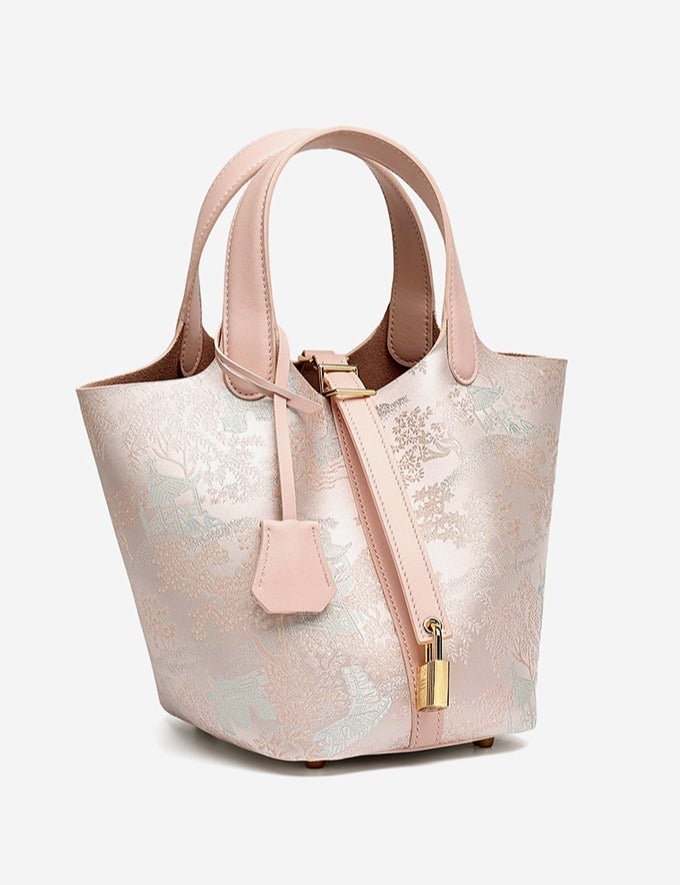 Women Oriental Embroidered Vegetable Basket Bucket Bag Large Capacity Handbag Detachable Crossbody Strap for Daily Use - Image 1